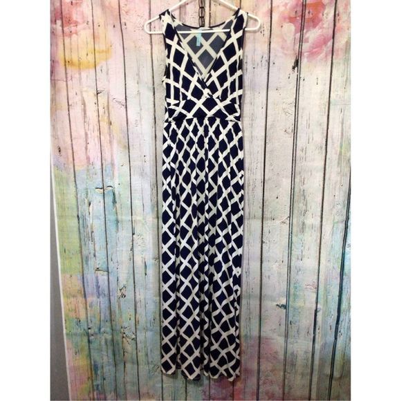 LOILA~ Long Dress V Neck Navy & White Size Small - Picture 1 of 12